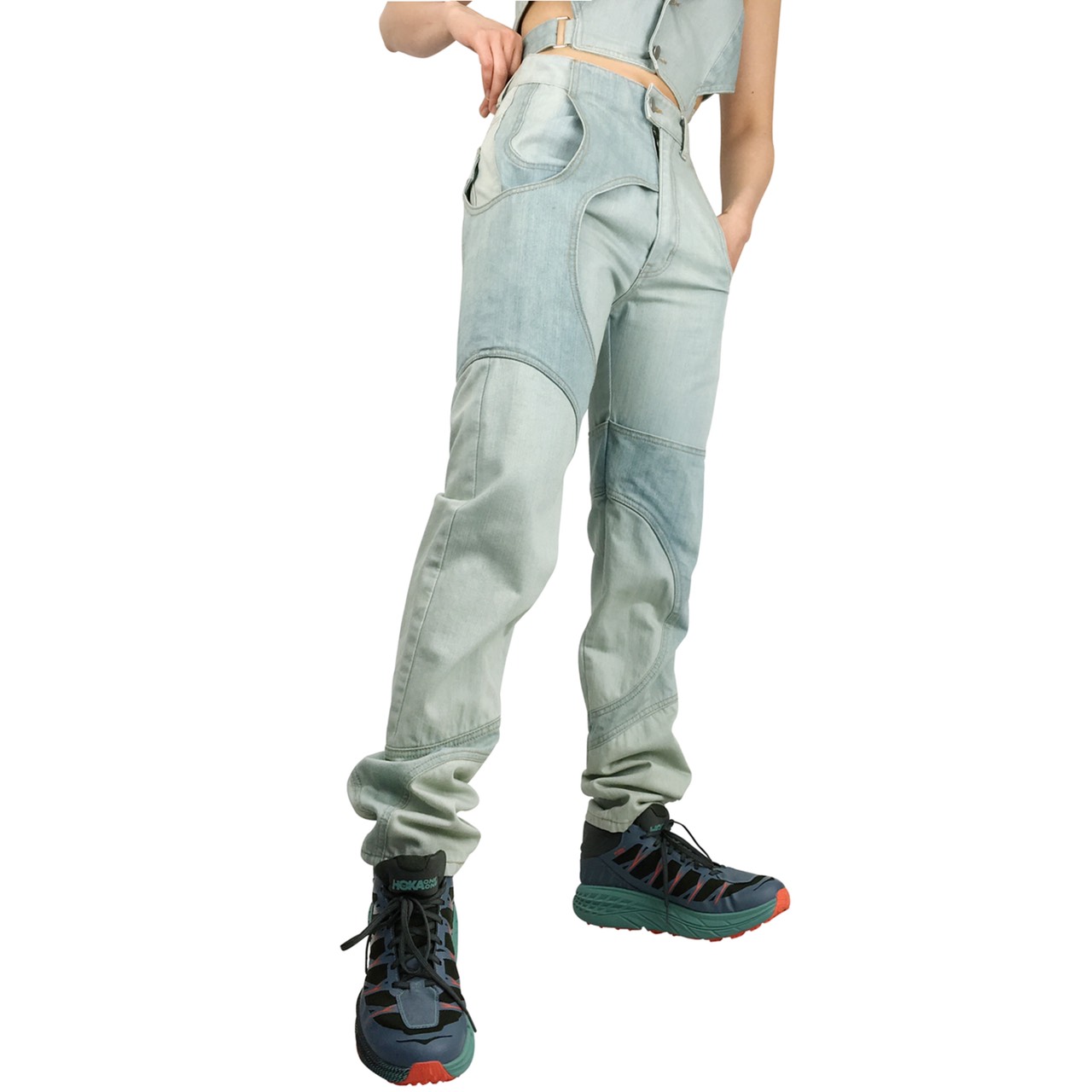 M.Y.O.B] TWO-TONE PATCHWORK DENIM PANTS - LIGHT BLUE - OCO