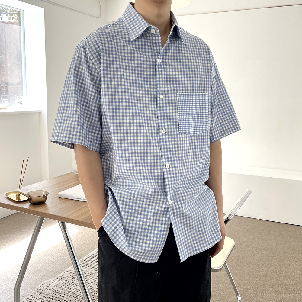 FRENCH GINGHAM WASHED HALF SHIRT(GINGHAM SKYBLUE)1
