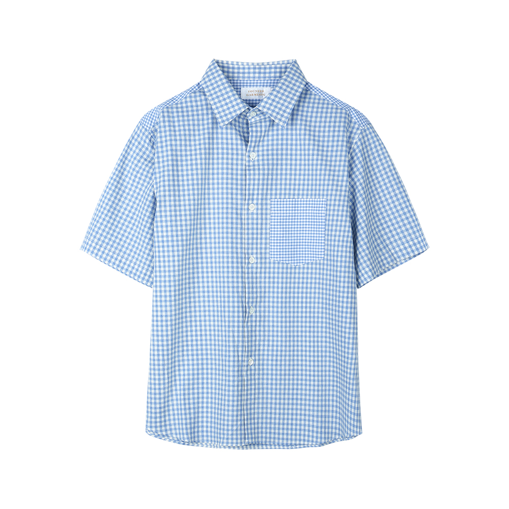 FRENCH GINGHAM WASHED HALF SHIRT(GINGHAM SKYBLUE)