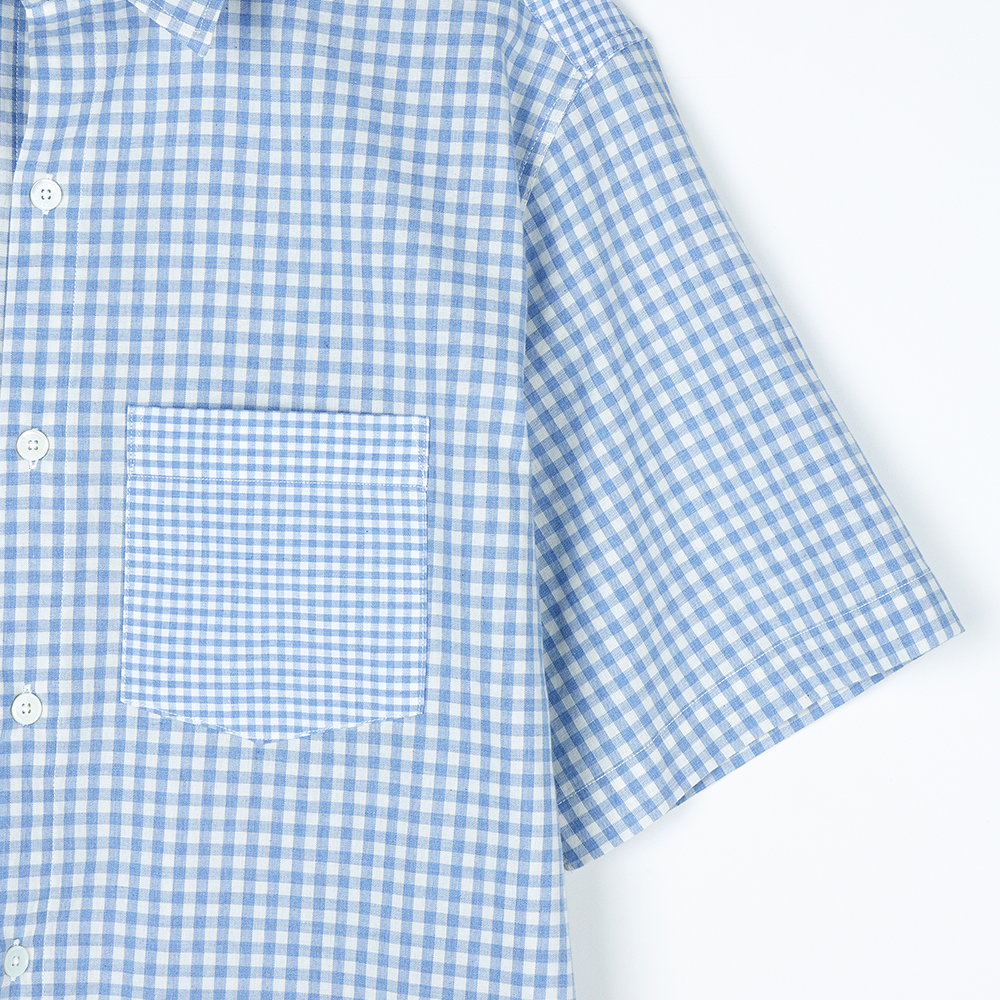 FRENCH GINGHAM WASHED HALF SHIRT(GINGHAM SKYBLUE)