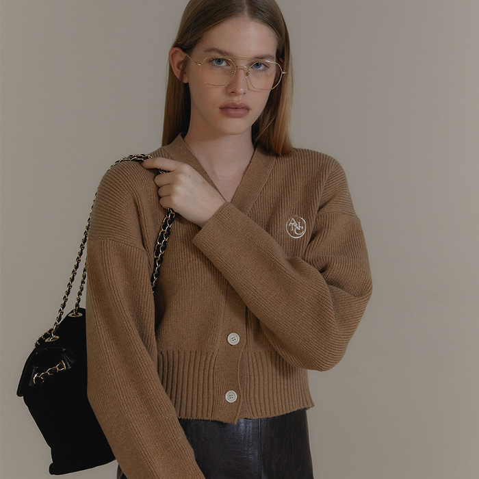 ANC EMBROIDERED V-NECK CARDIGAN_DARK BEIGE