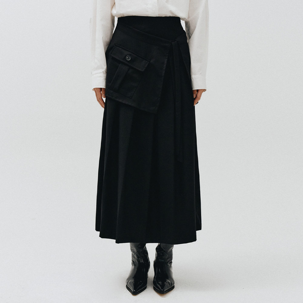 LAYERED LONG PLEATED SKIRT,BLACK1
