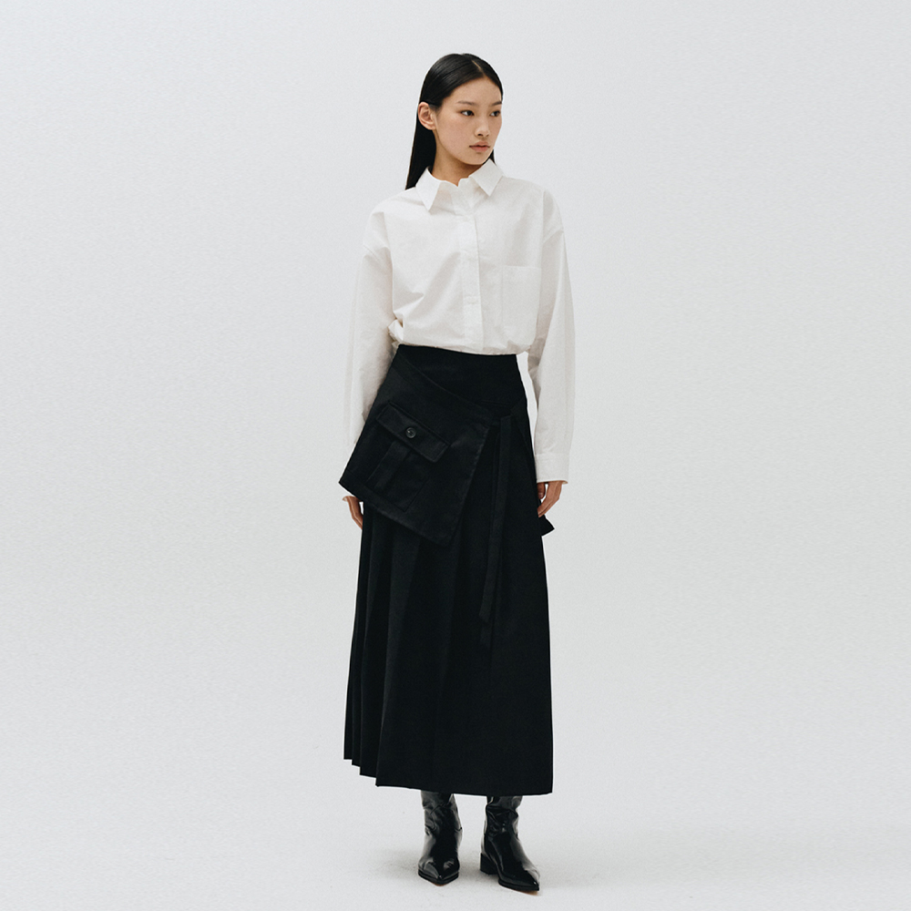LAYERED LONG PLEATED SKIRT,BLACK