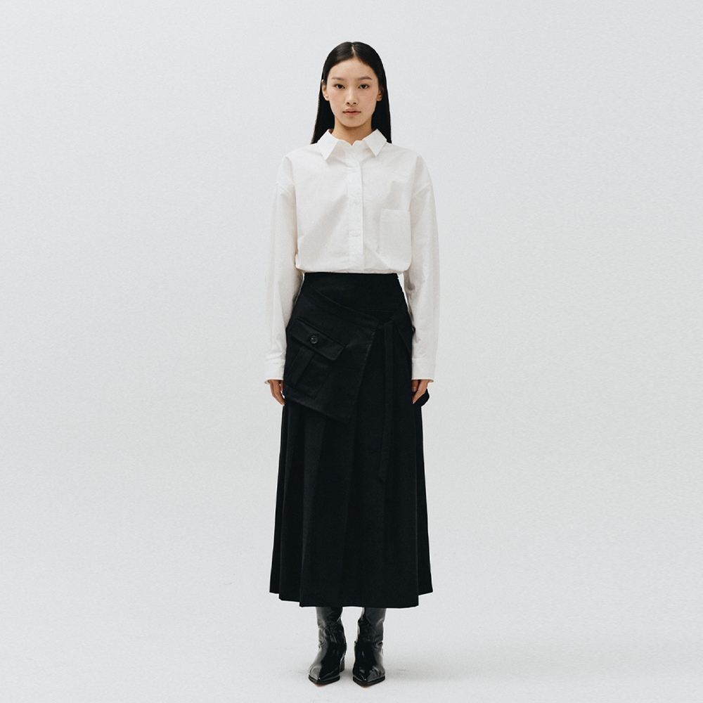 LAYERED LONG PLEATED SKIRT,BLACK