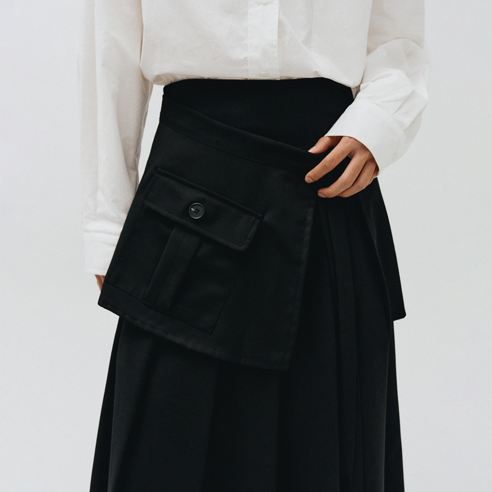 LAYERED LONG PLEATED SKIRT,BLACK