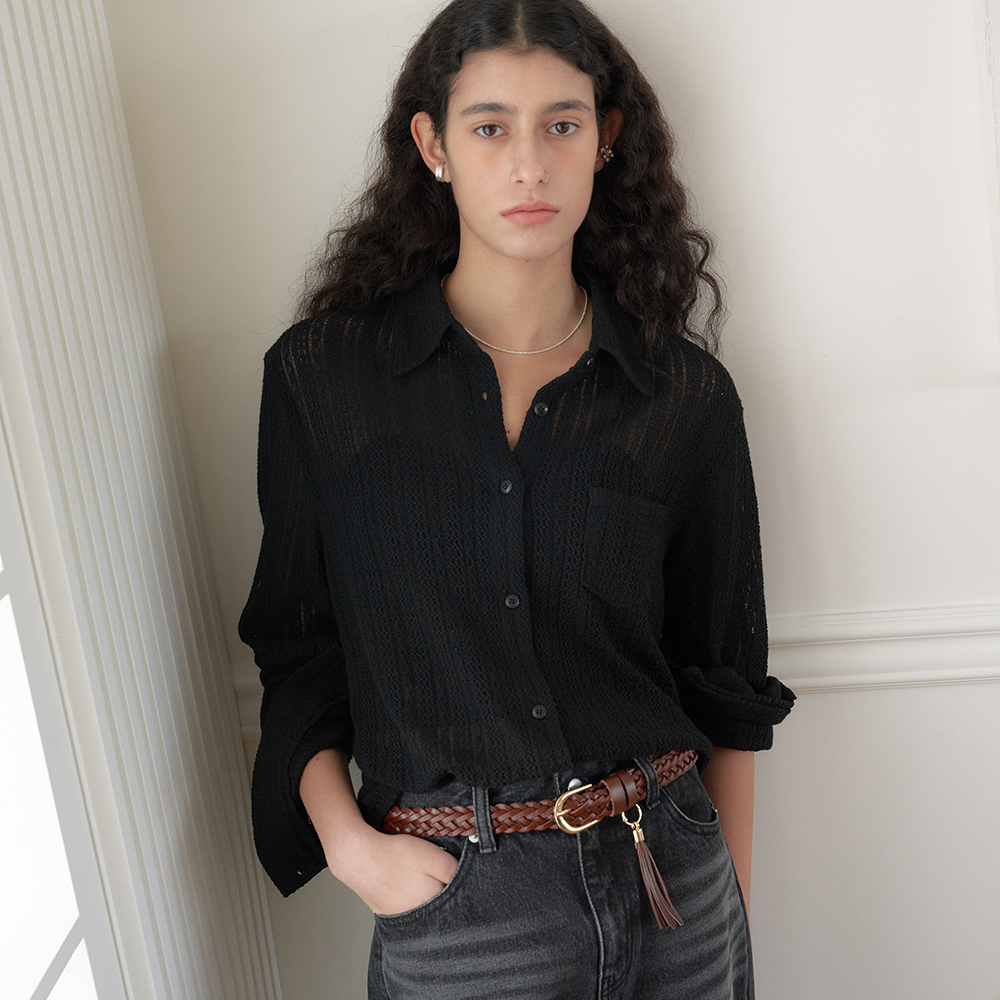 코튼 크로쉐 슬림셔츠 (블랙)1