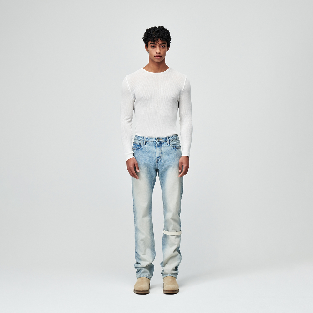 LEATHER POINT WASHED DENIM PANTS1