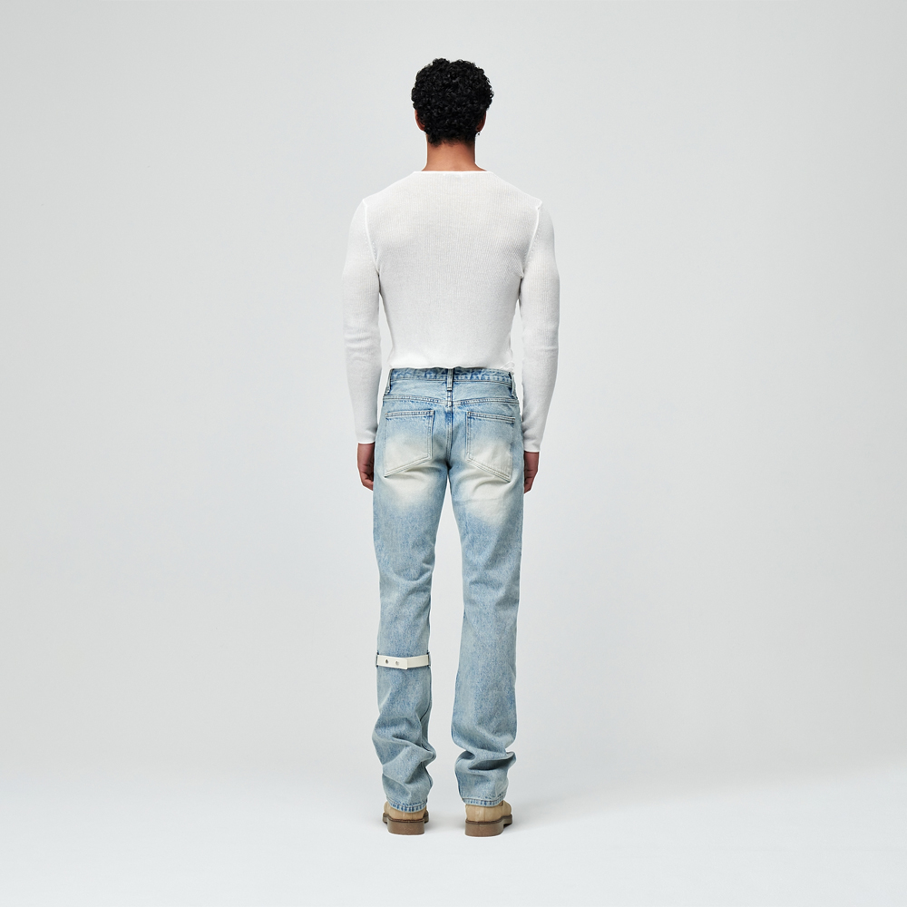 LEATHER POINT WASHED DENIM PANTS