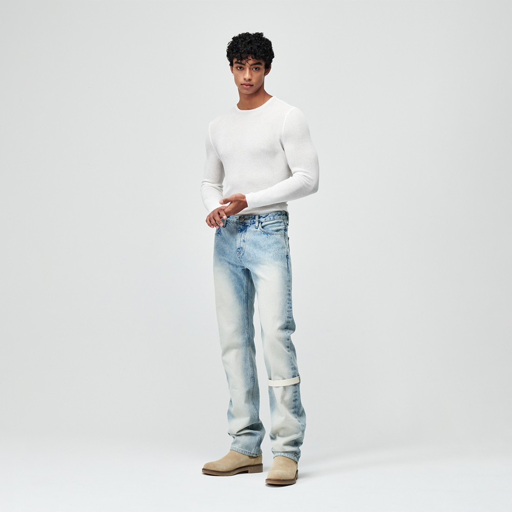 LEATHER POINT WASHED DENIM PANTS