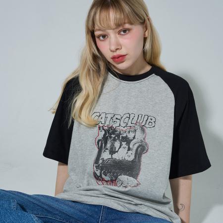 [크롭 오버핏 2타입] 캣클럽 래글런 반팔 티셔츠 (멜란그레이)