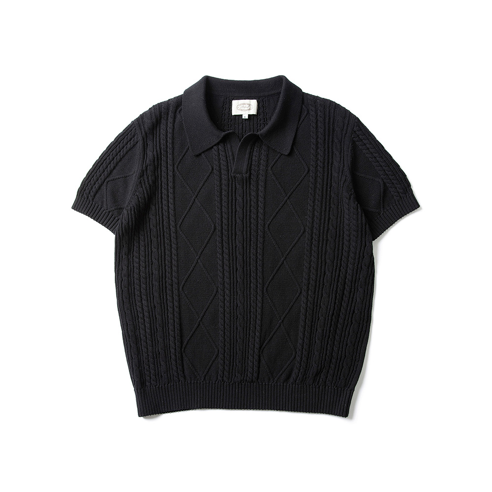 Fishermen Open Collar Half Knit Black1